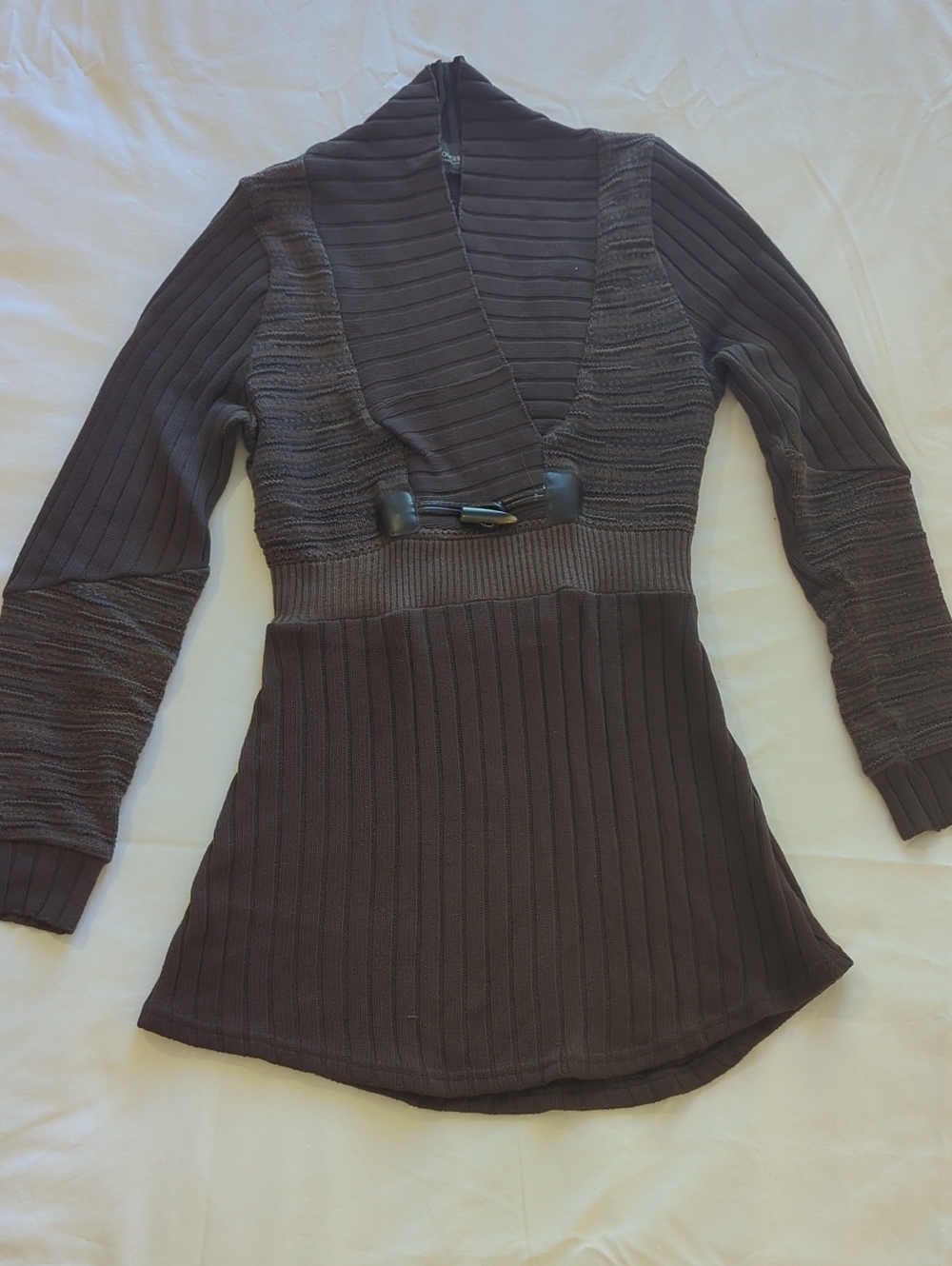 Brown Ribbed Long-Sleeve V-Neck Sweater with Toggle Detail